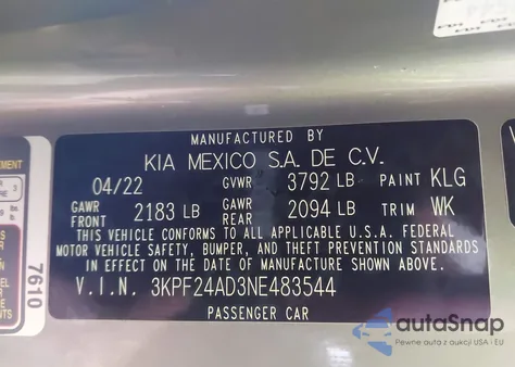 2022 Kia Forte Lxs из США, поврежденный, VIN 3KPF24AD3NE483544